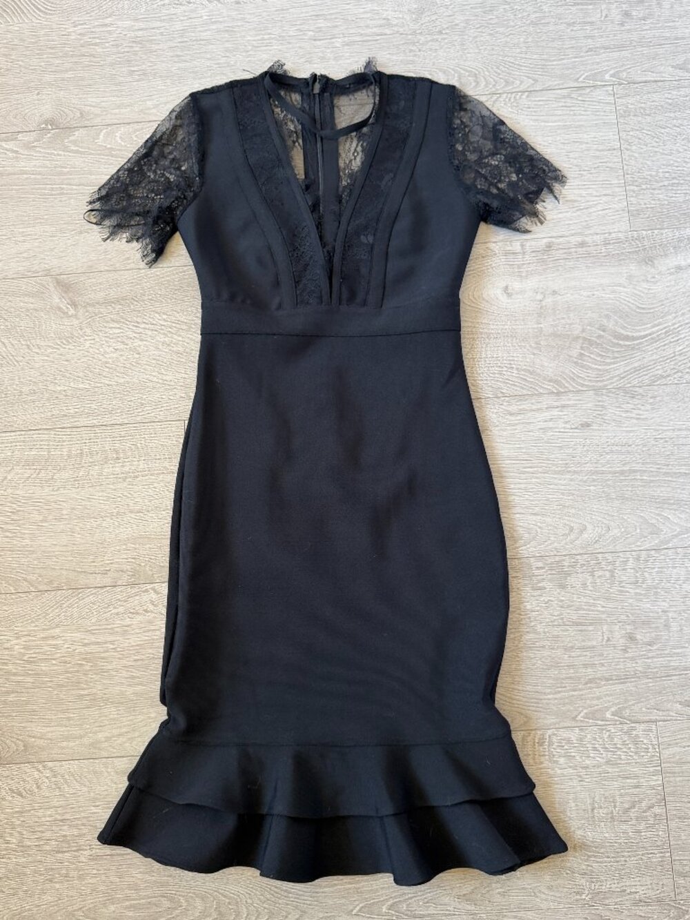 Venus Black Lace Ruffle Hem Bodycon Midi Dress XS